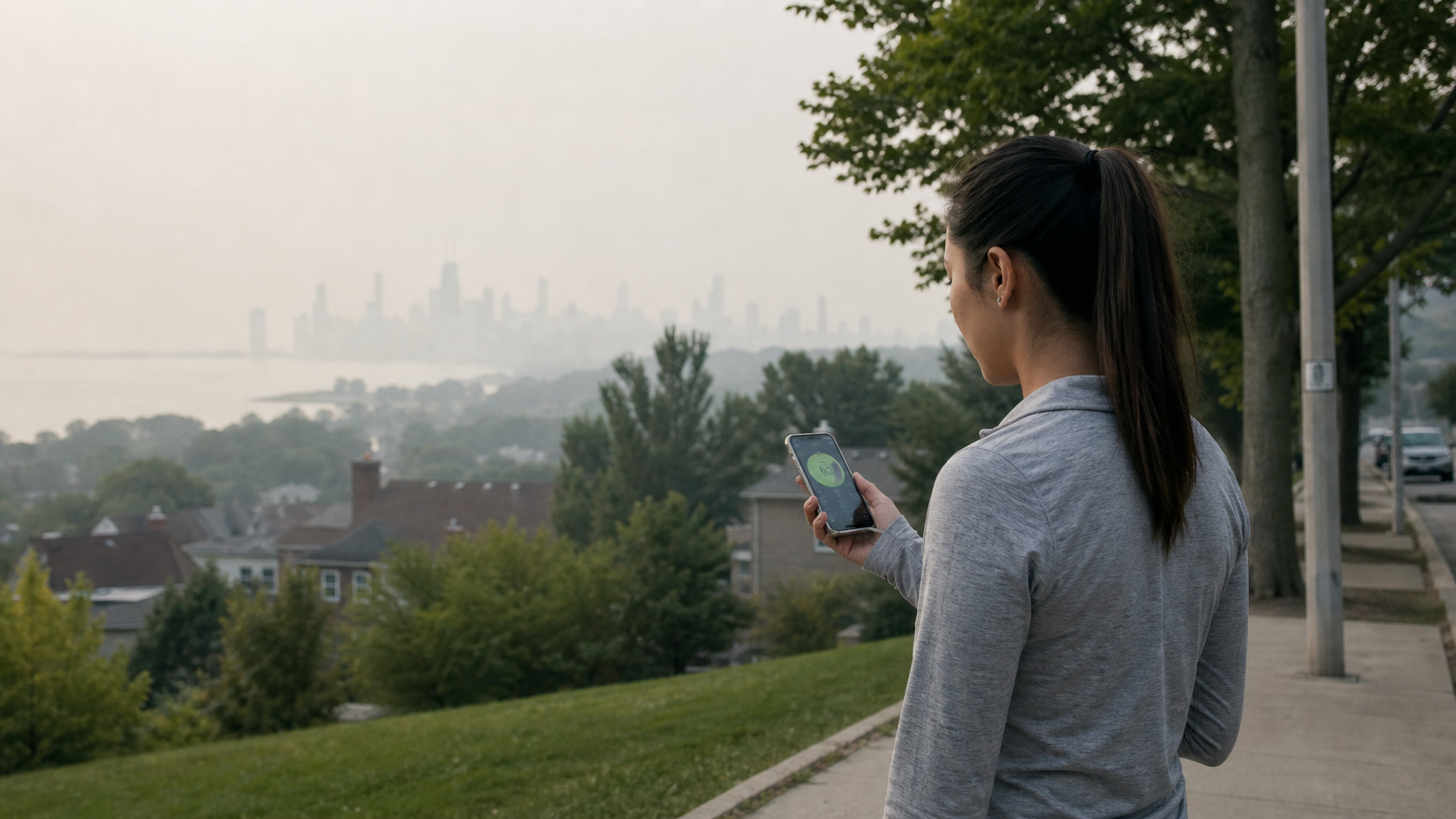 A person checking air quality on a smartphone while smoke haze softens a city skyline in the distance