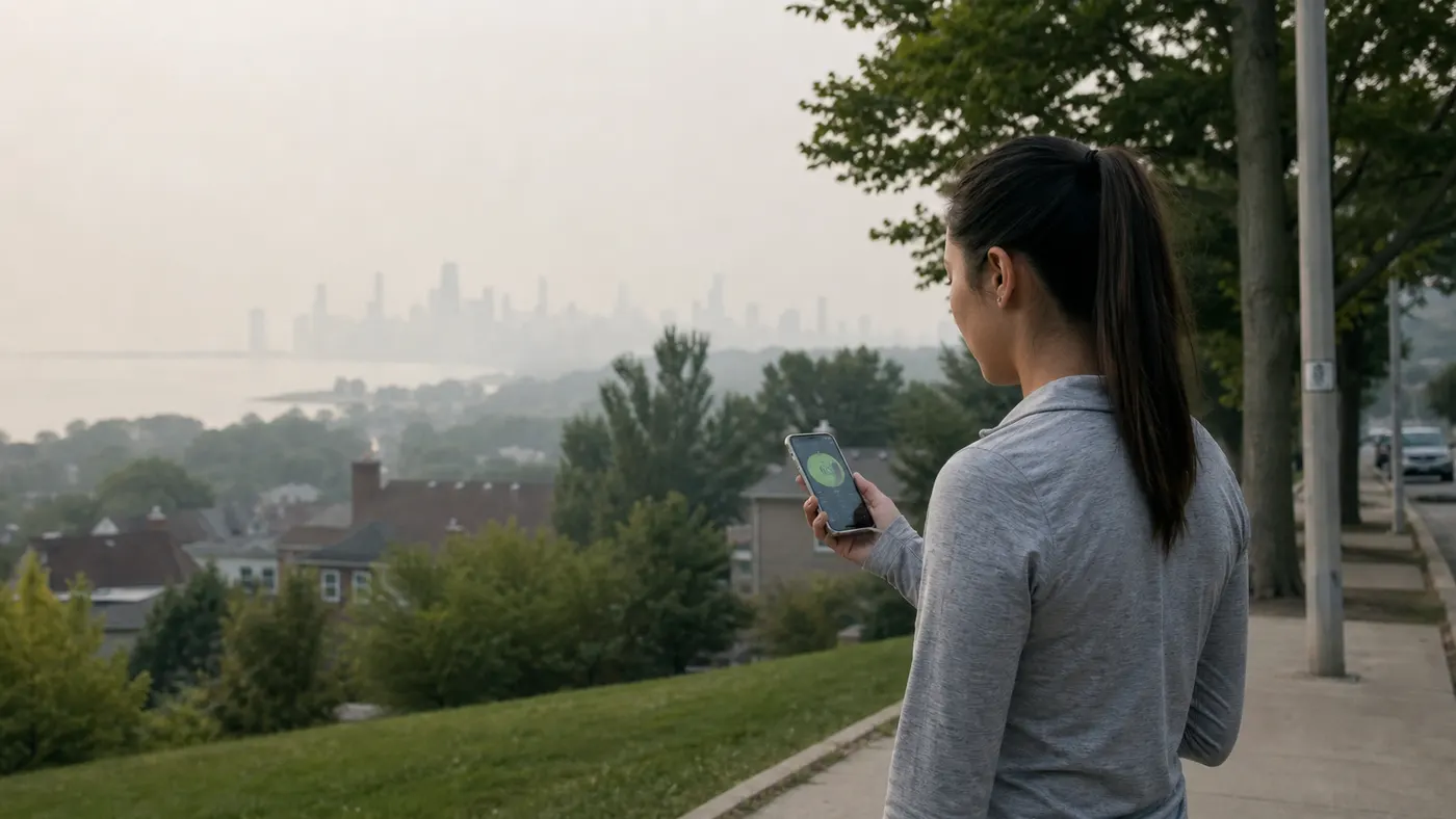 A person checking air quality on a smartphone while smoke haze softens a city skyline in the distance