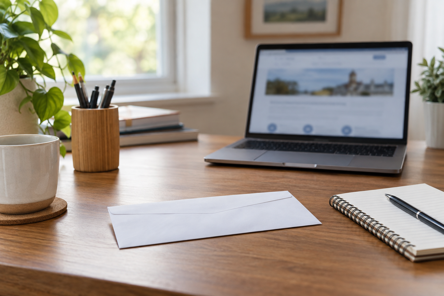 An unmarked envelope, notebook, and laptop displaying a blurred public-information page on a home desk.