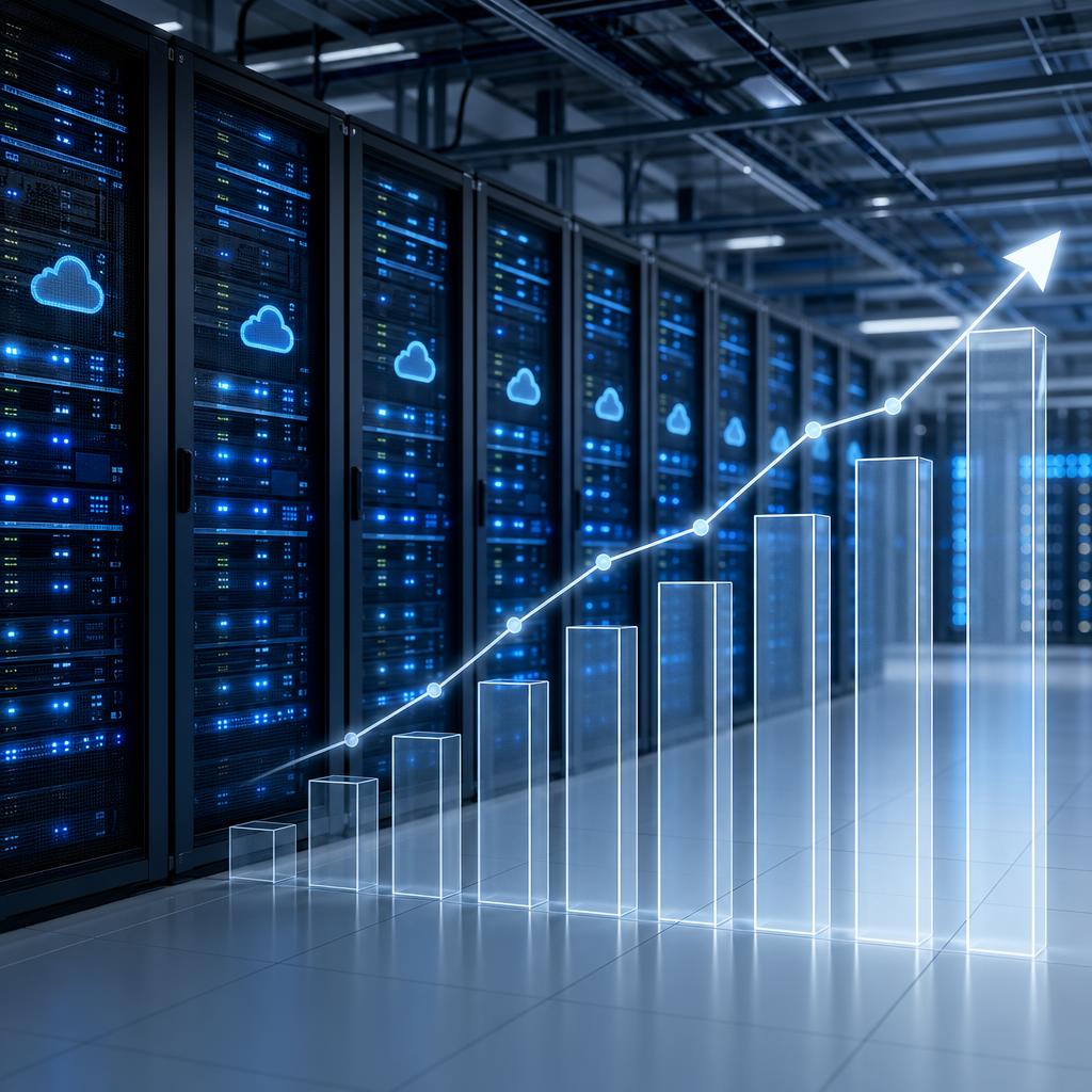 Server racks and glowing screens representing AI infrastructure and the technology spend behind Apple's product strategy