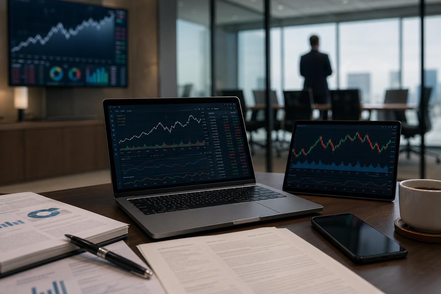 A finance desk with Apple earnings notes, a smartphone, and stock charts as analysts prepare for the company's results