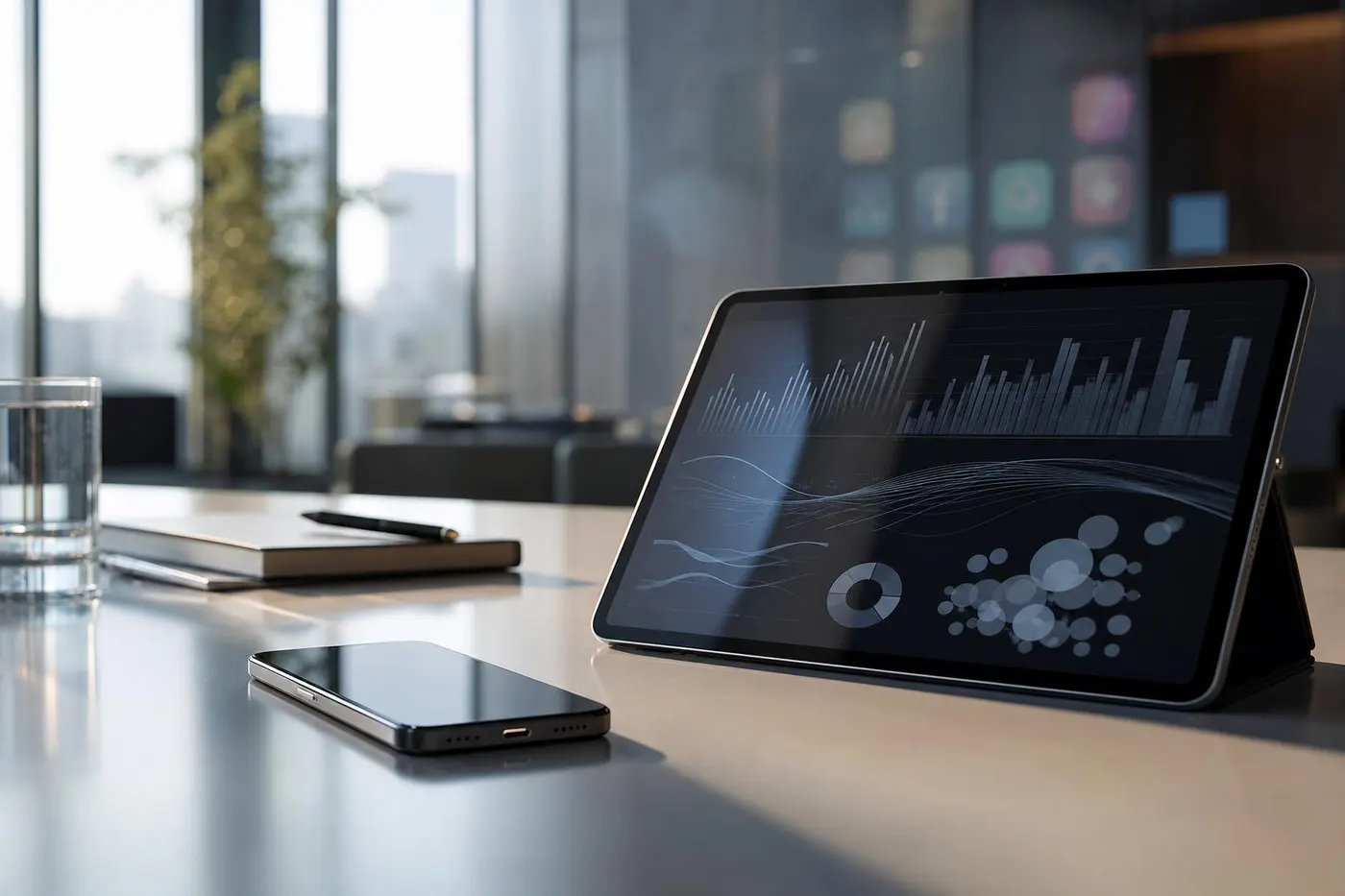 An unbranded premium smartphone, tablet charts, and abstract service icons on a modern desk