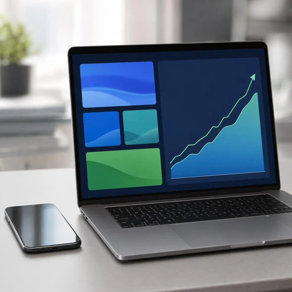 An unbranded smartphone and laptop with abstract service tiles and a financial growth chart