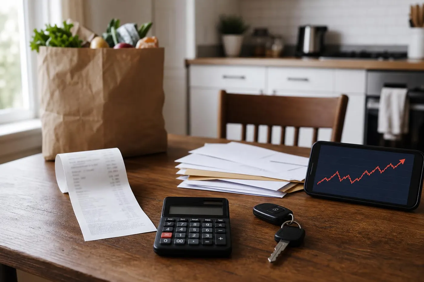 Kitchen table with a grocery receipt, calculator, car keys, household bills, and a phone showing a rising price chart