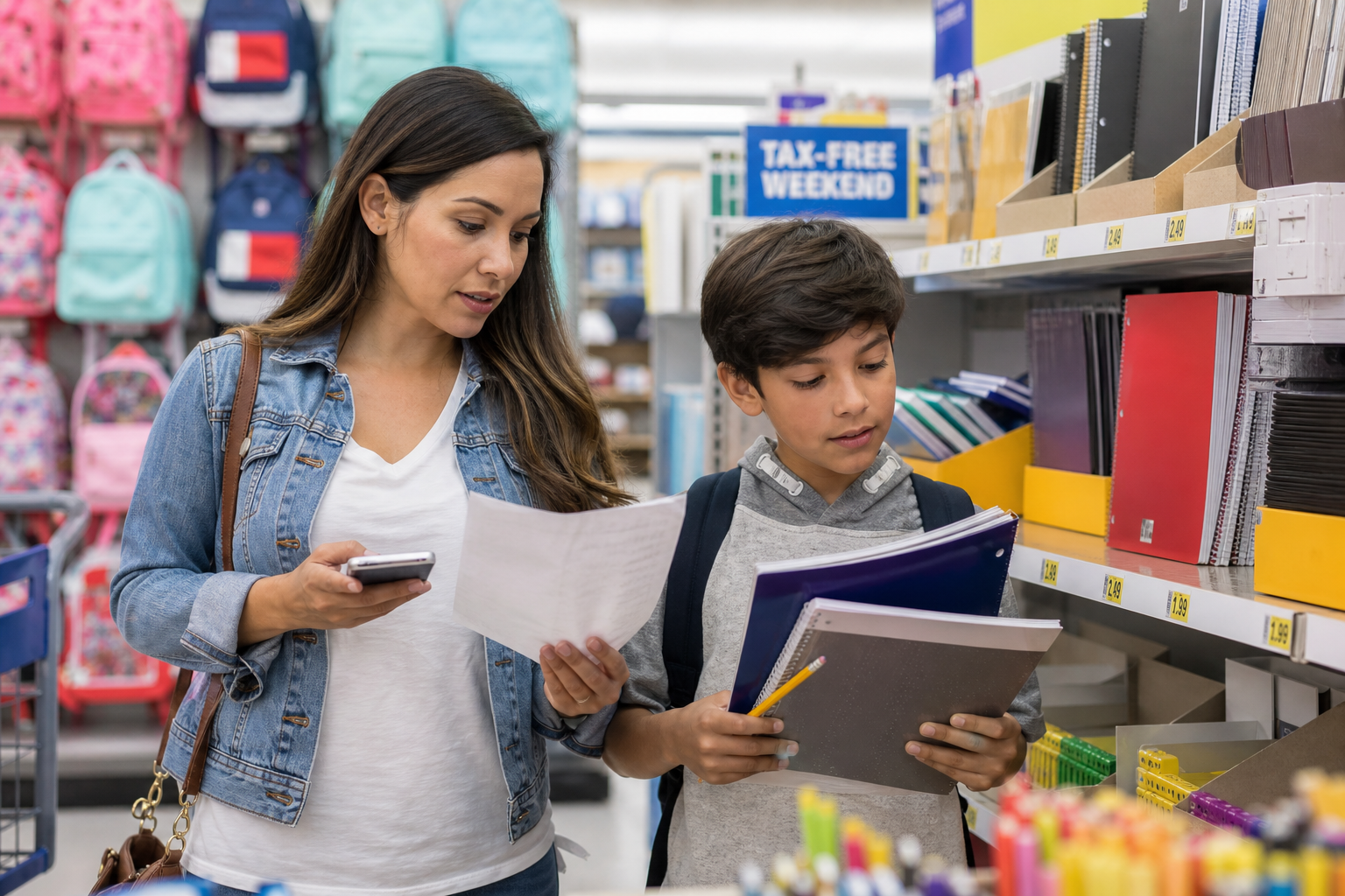 A parent and child in a school-supplies aisle comparing notebooks and a shopping list during a tax-free weekend sale