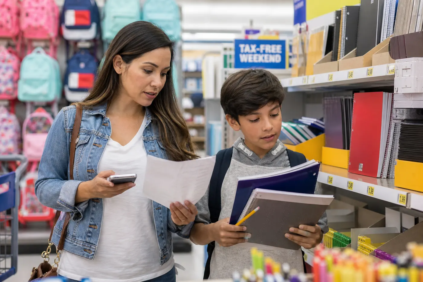 A parent and child in a school-supplies aisle comparing notebooks and a shopping list during a tax-free weekend sale