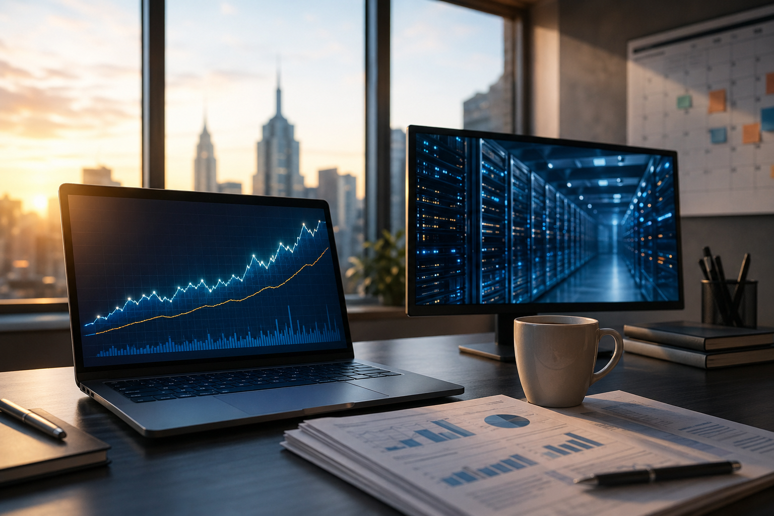 A newsroom desk with earnings sheets, laptop screens, and a rising chart as analysts watch big tech earnings and AI spending
