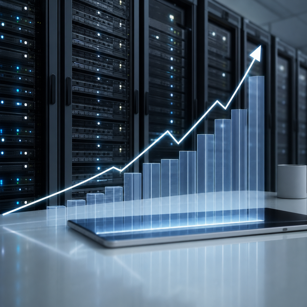 Server racks and a financial chart representing AI capital spending and cloud infrastructure growth