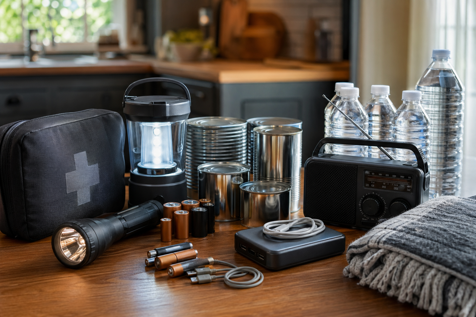 A blackout kit laid out on a table with flashlight, lantern, batteries, power bank, water, food, and a radio