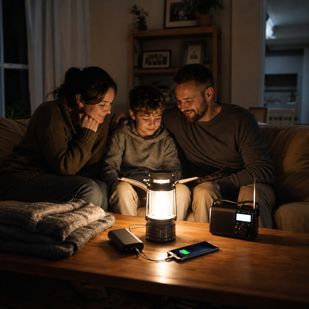 A family room during a power outage with a lantern, phone charging from a power bank, and a radio on the table