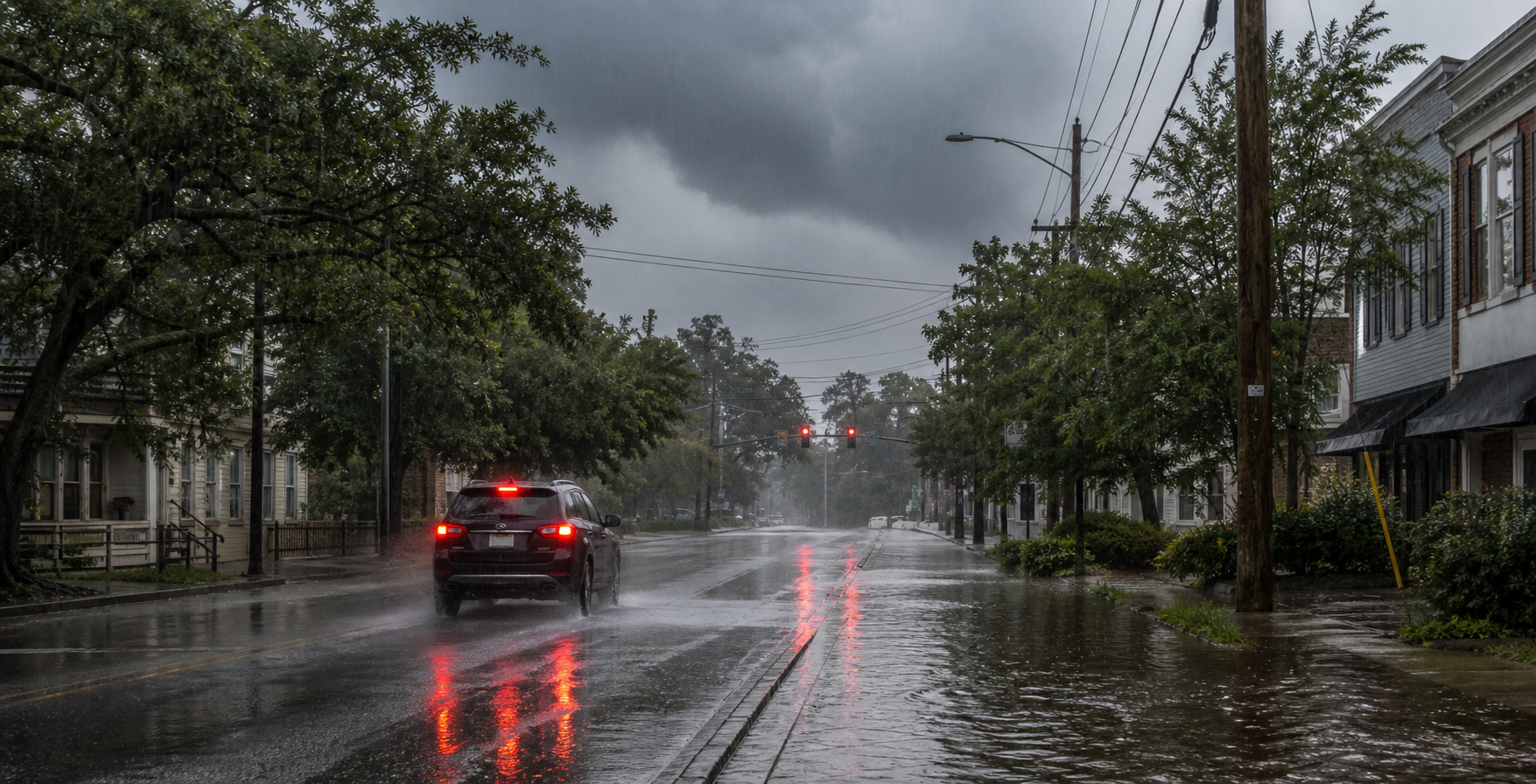 A rain-soaked Carolina street with dark storm clouds overhead, standing water at the curb, and a driver slowing toward a flooded intersection