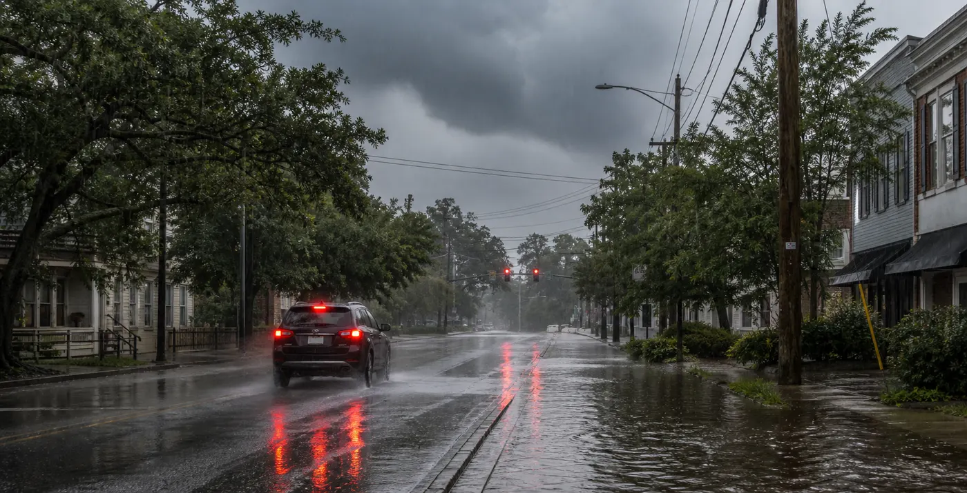 A rain-soaked Carolina street with dark storm clouds overhead, standing water at the curb, and a driver slowing toward a flooded intersection