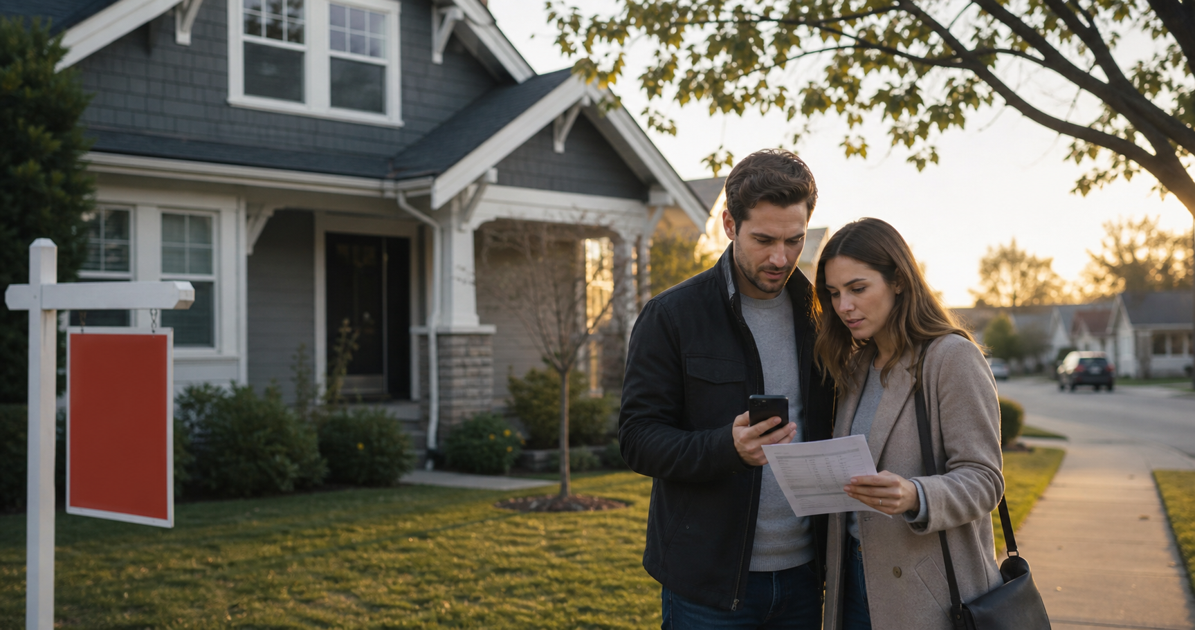 A couple reviewing a mortgage estimate on a phone and paper sheet in front of a suburban house for sale at sunset
