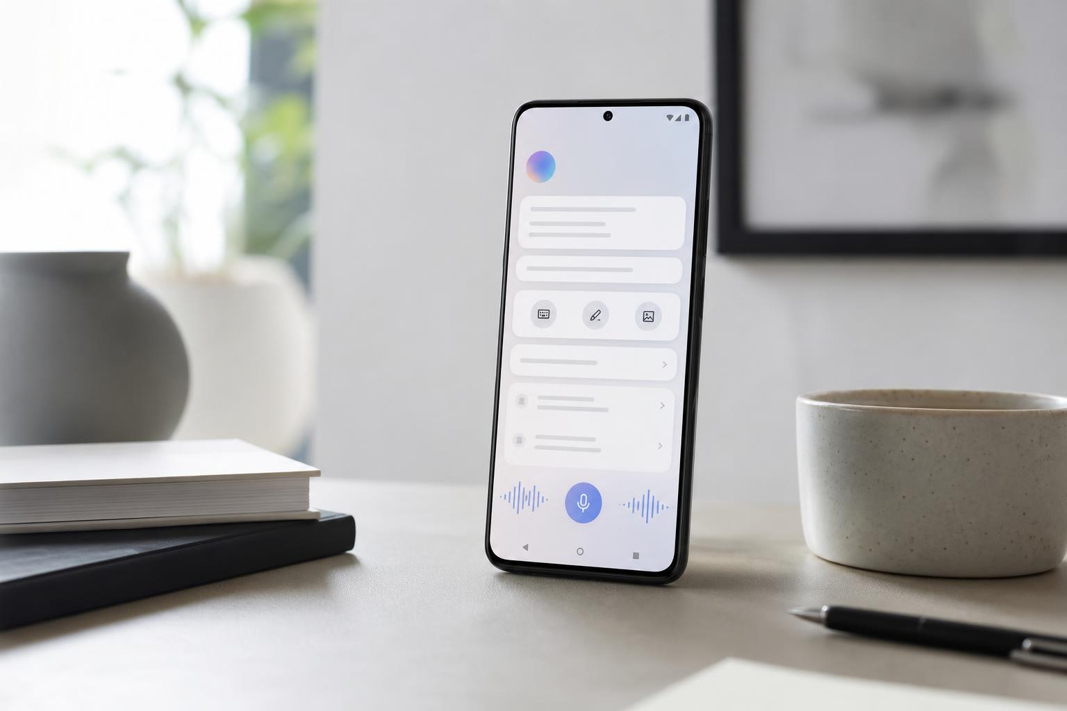Modern Android phone on a desk showing an abstract AI assistant interface with widgets, browser cards, autofill fields, and voice waves