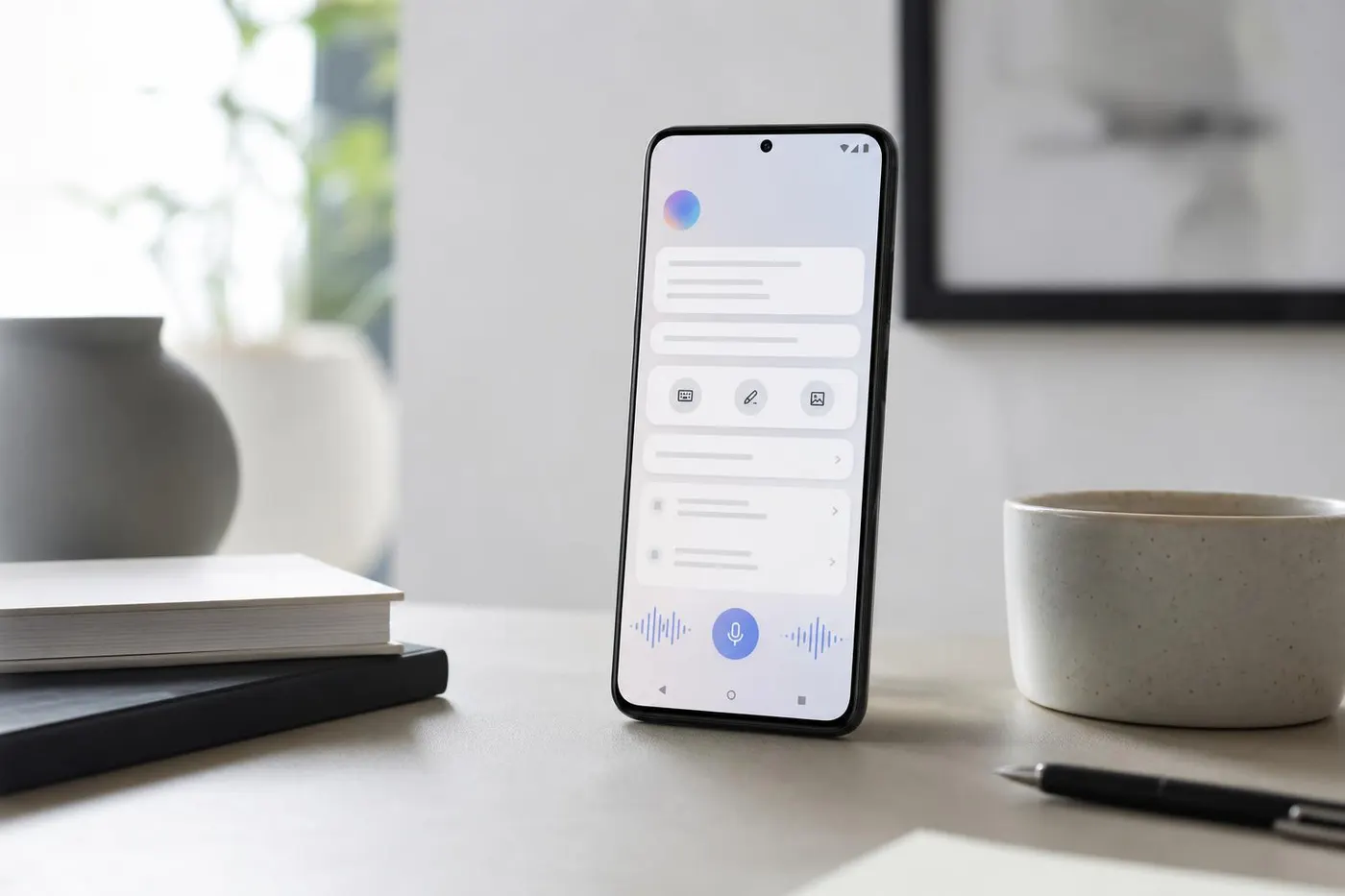 Modern Android phone on a desk showing an abstract AI assistant interface with widgets, browser cards, autofill fields, and voice waves