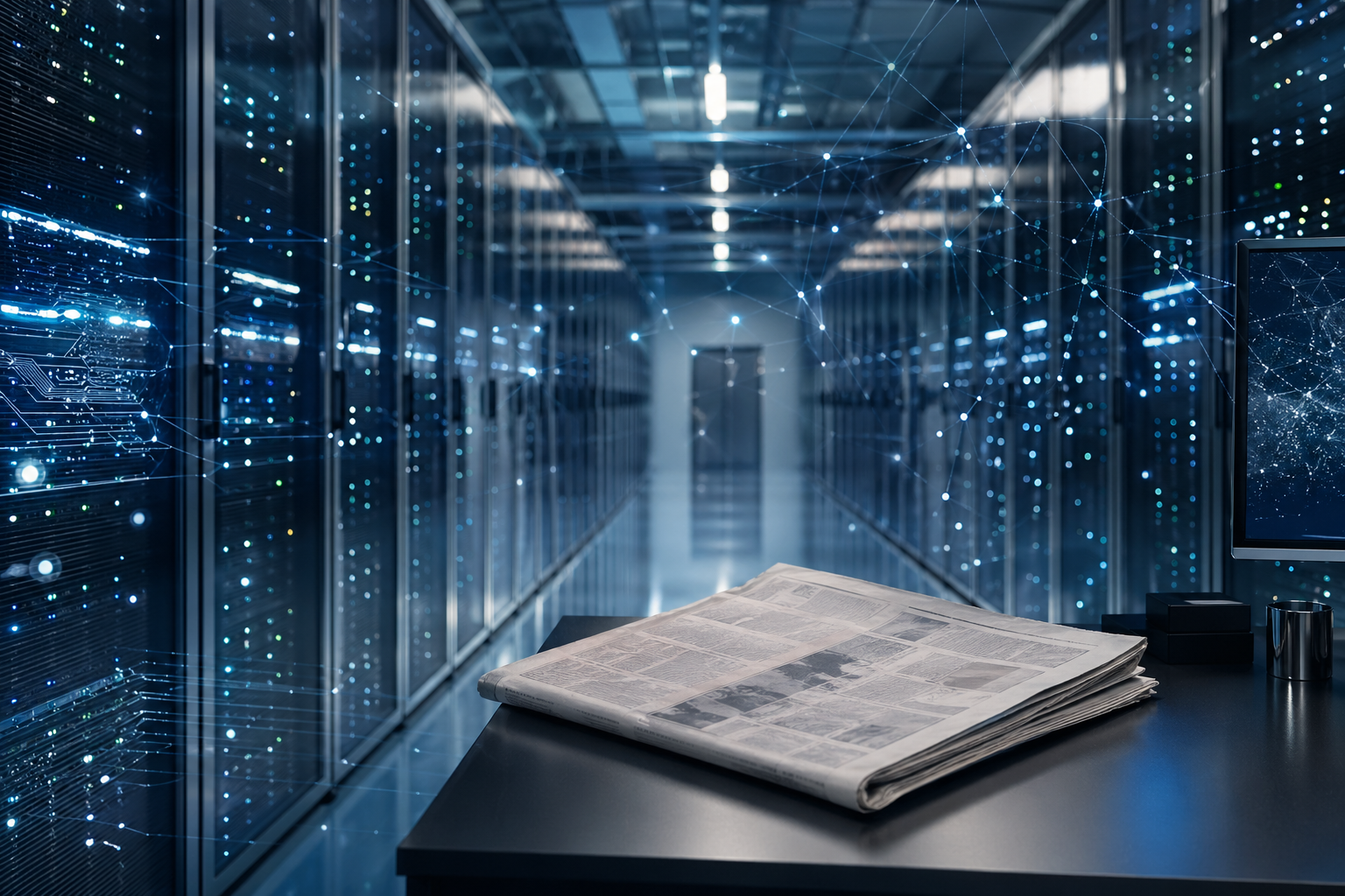 A modern data center corridor with glowing server racks and financial papers in the foreground