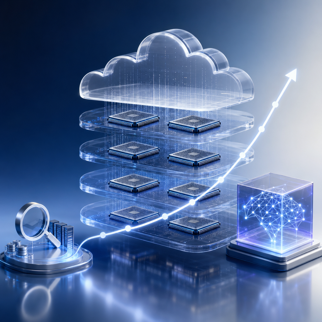 Illustration of cloud layers, AI chips, and a rising investment line connecting two major tech companies