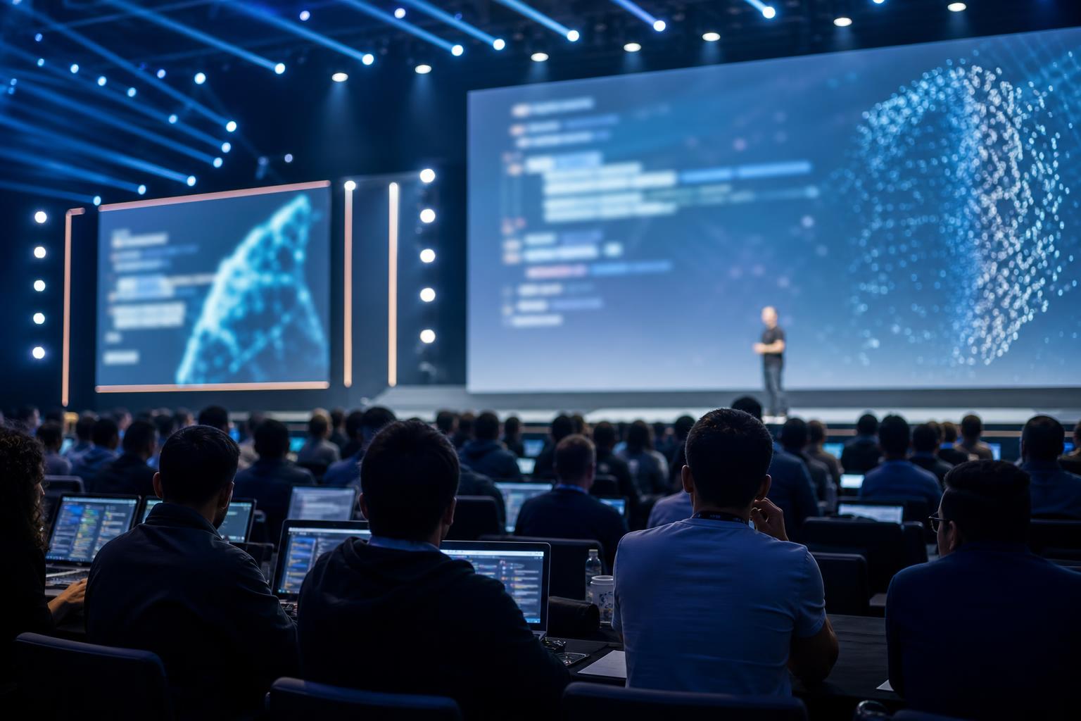 A modern developer conference stage with abstract AI visuals on large screens and laptops open in the audience