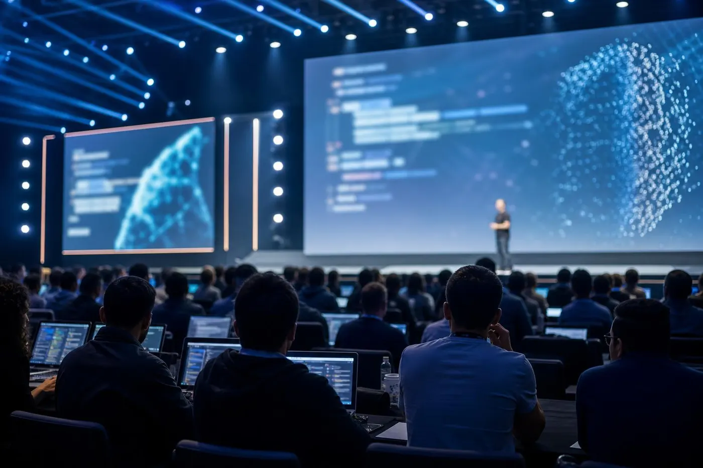 A modern developer conference stage with abstract AI visuals on large screens and laptops open in the audience
