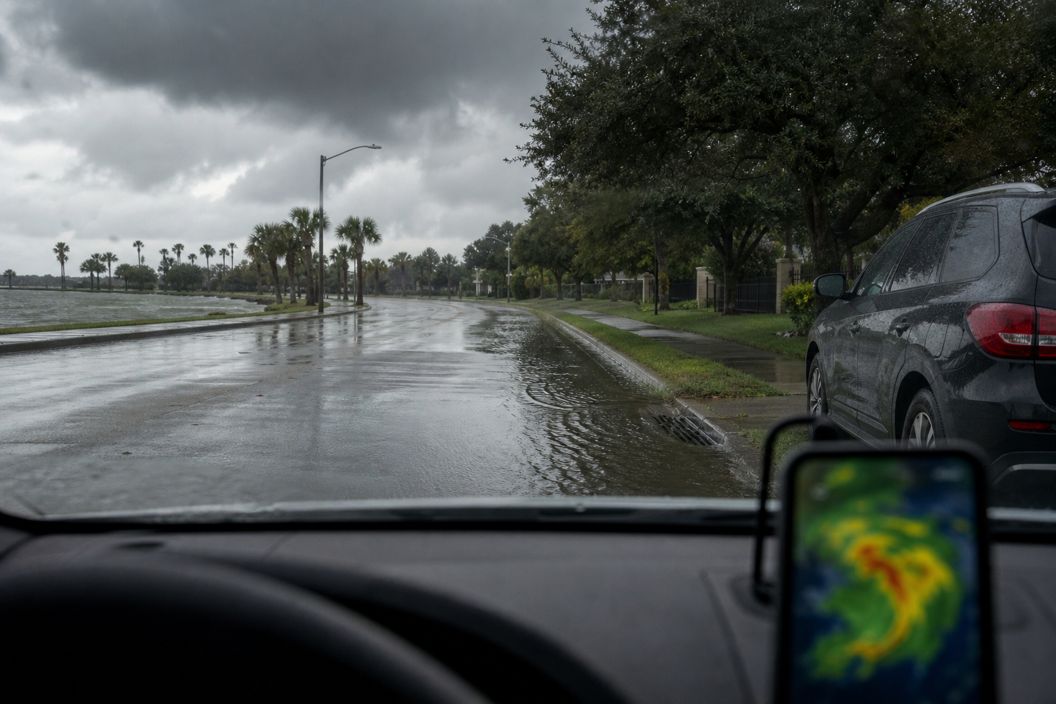 Rain-soaked Gulf Coast street with water pooling near a curb under dark storm clouds