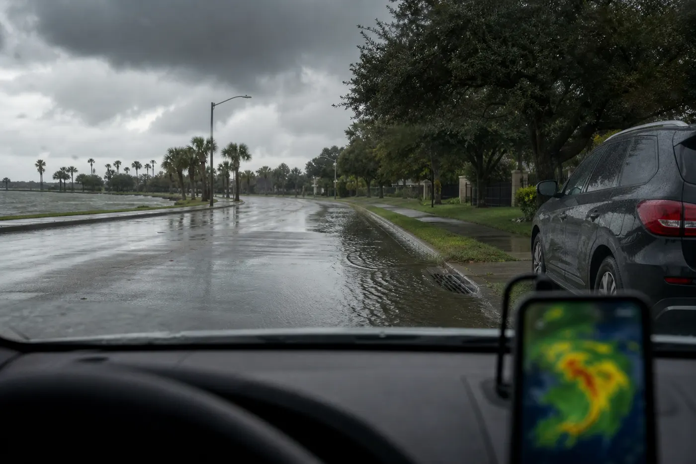 Rain-soaked Gulf Coast street with water pooling near a curb under dark storm clouds