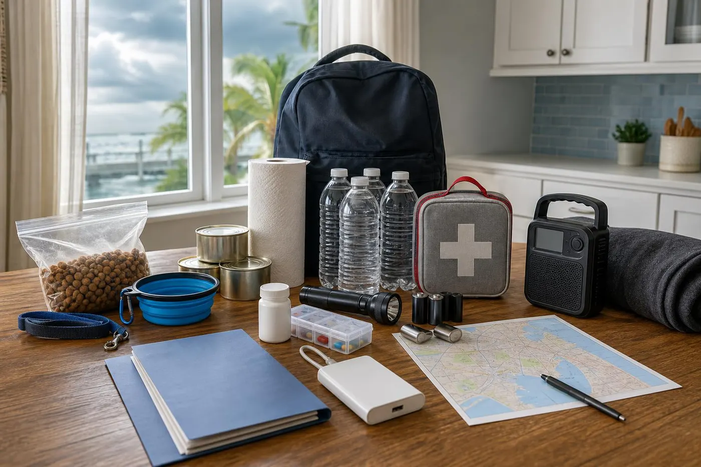 Hurricane preparedness kit with water, flashlight, batteries, radio, first aid supplies, documents, and an evacuation map on a kitchen table