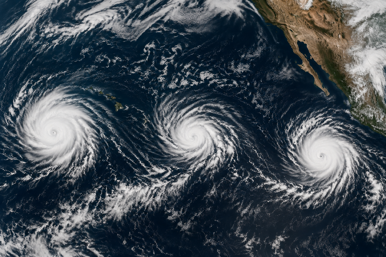 Three separate hurricane systems over the Pacific Ocean