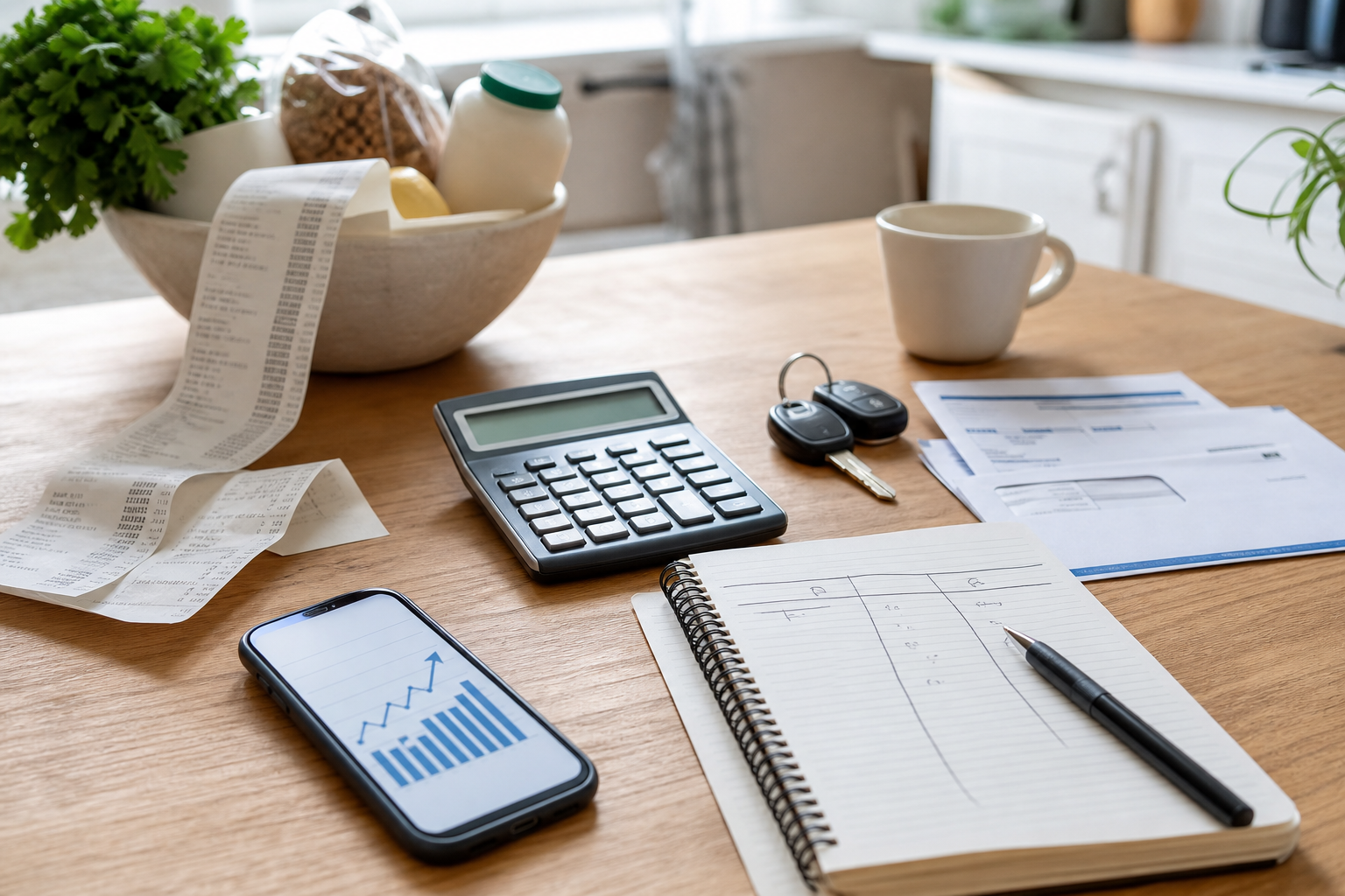 Kitchen table with a grocery receipt, calculator, car keys, utility bill envelope, notebook, and phone showing an abstract rising price chart