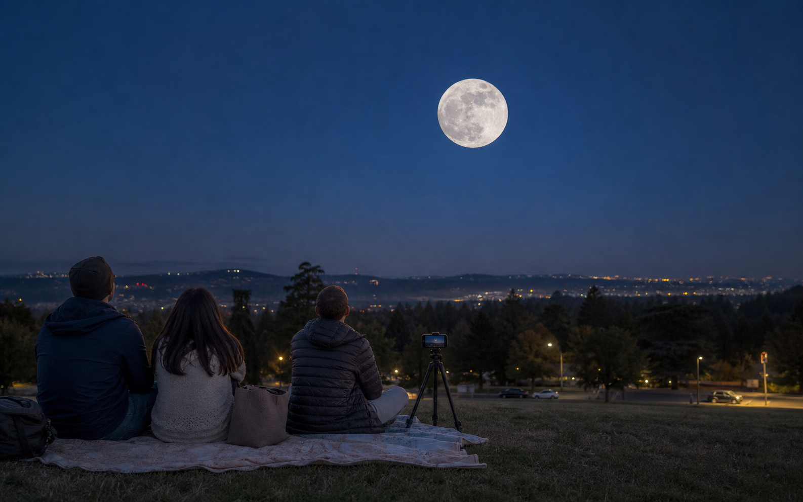 A bright full Moon rising over a quiet park at twilight while people watch from a blanket and a phone tripod