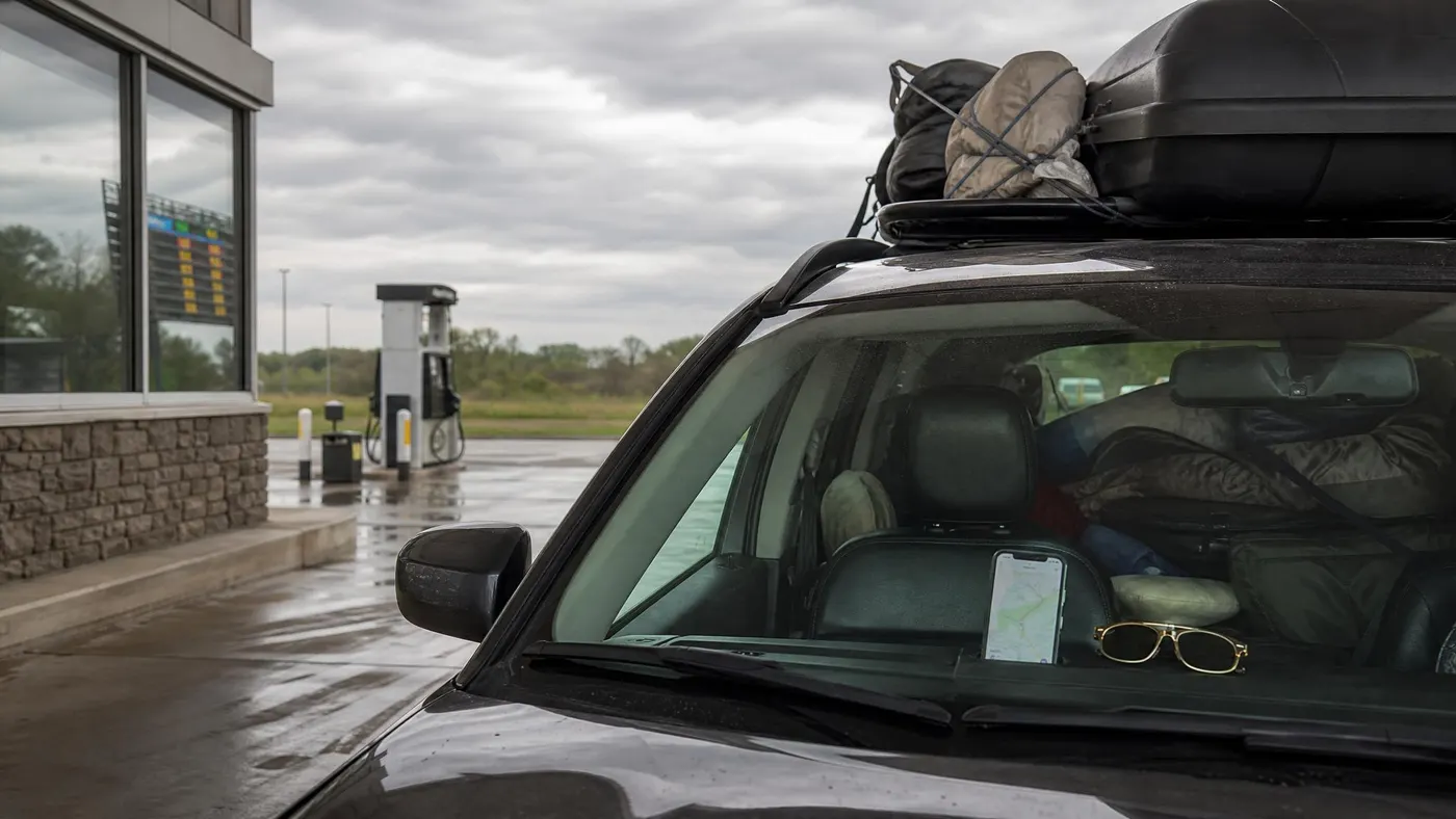 Packed car at a gas station before a Memorial Day road trip with cloudy travel weather ahead