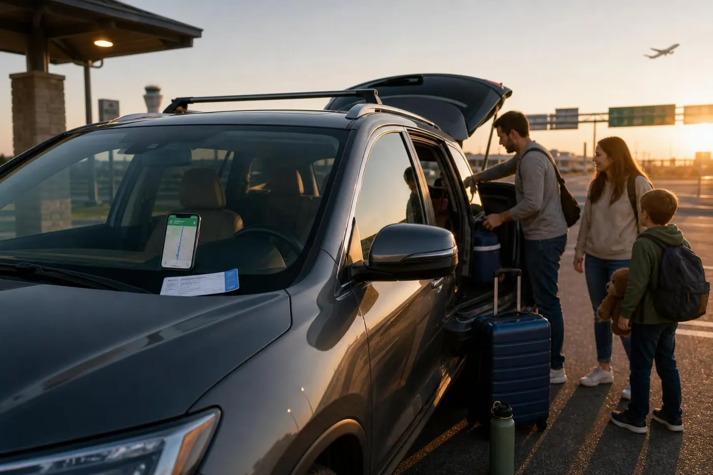 Packed SUV at sunrise with travel documents, phone navigation, and airport signs in the background