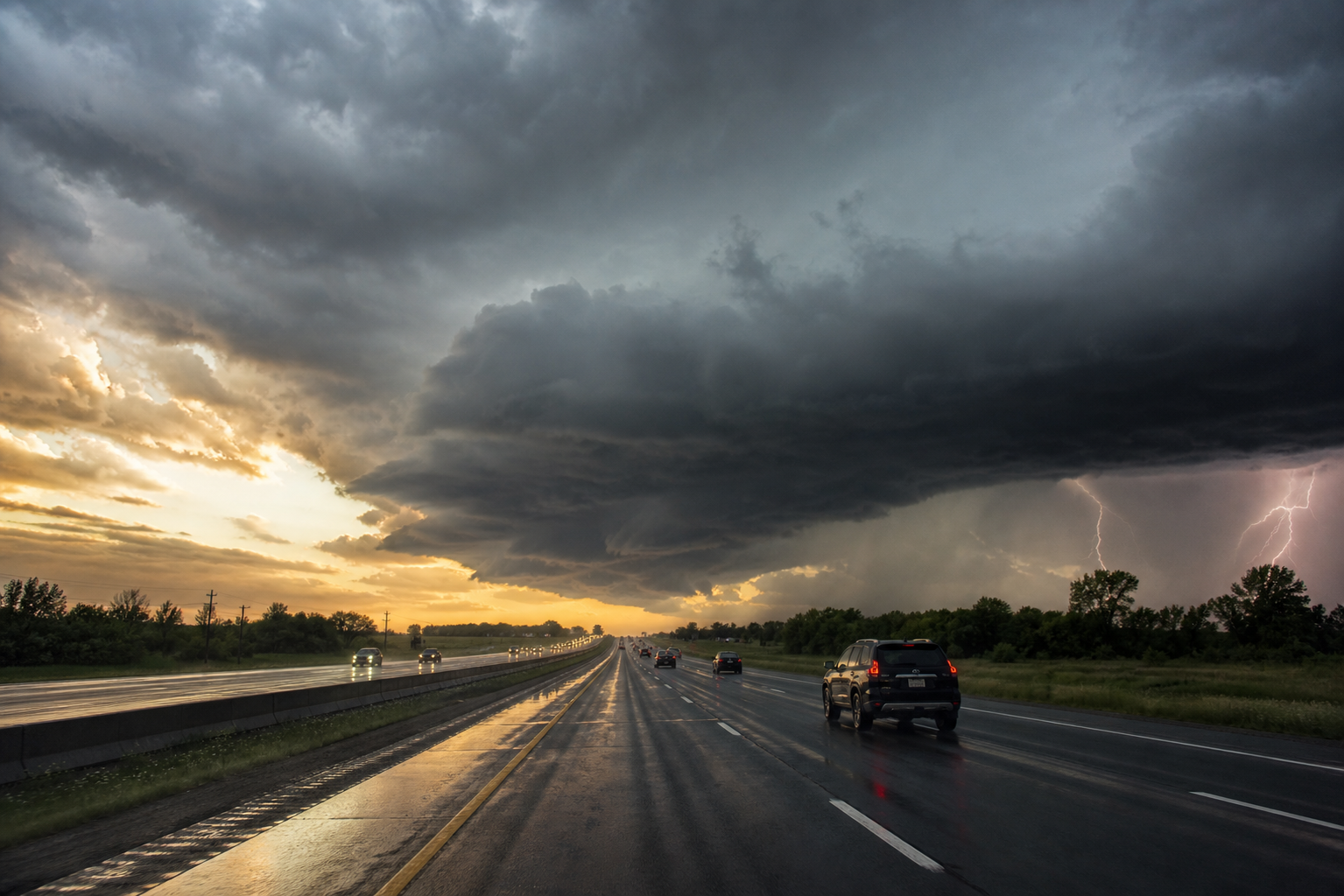 A wet interstate under a dark severe thunderstorm shelf cloud at sunset