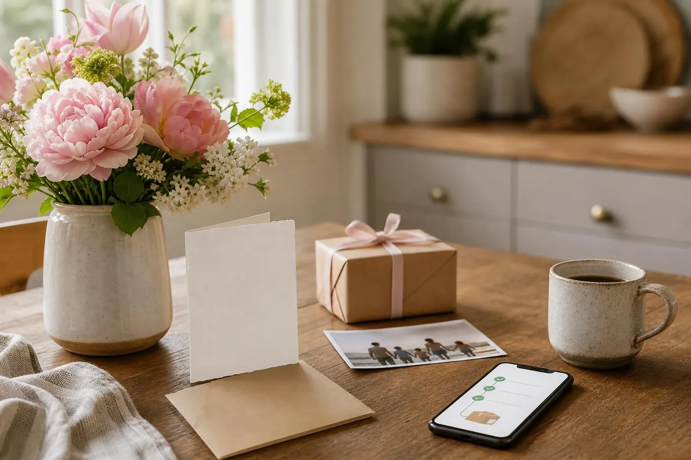 Mother's Day card, flowers, a wrapped gift, a family photo, and coffee on a kitchen table
