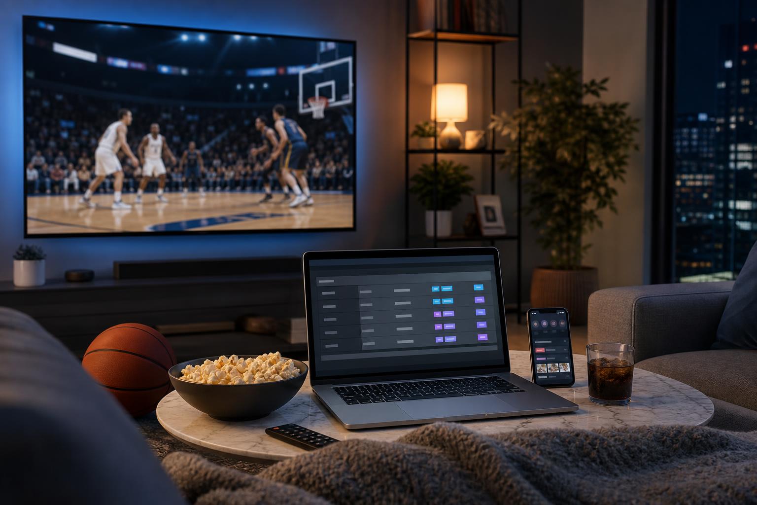 A living room basketball viewing setup with a television, laptop schedule, phone, and basketball on a coffee table