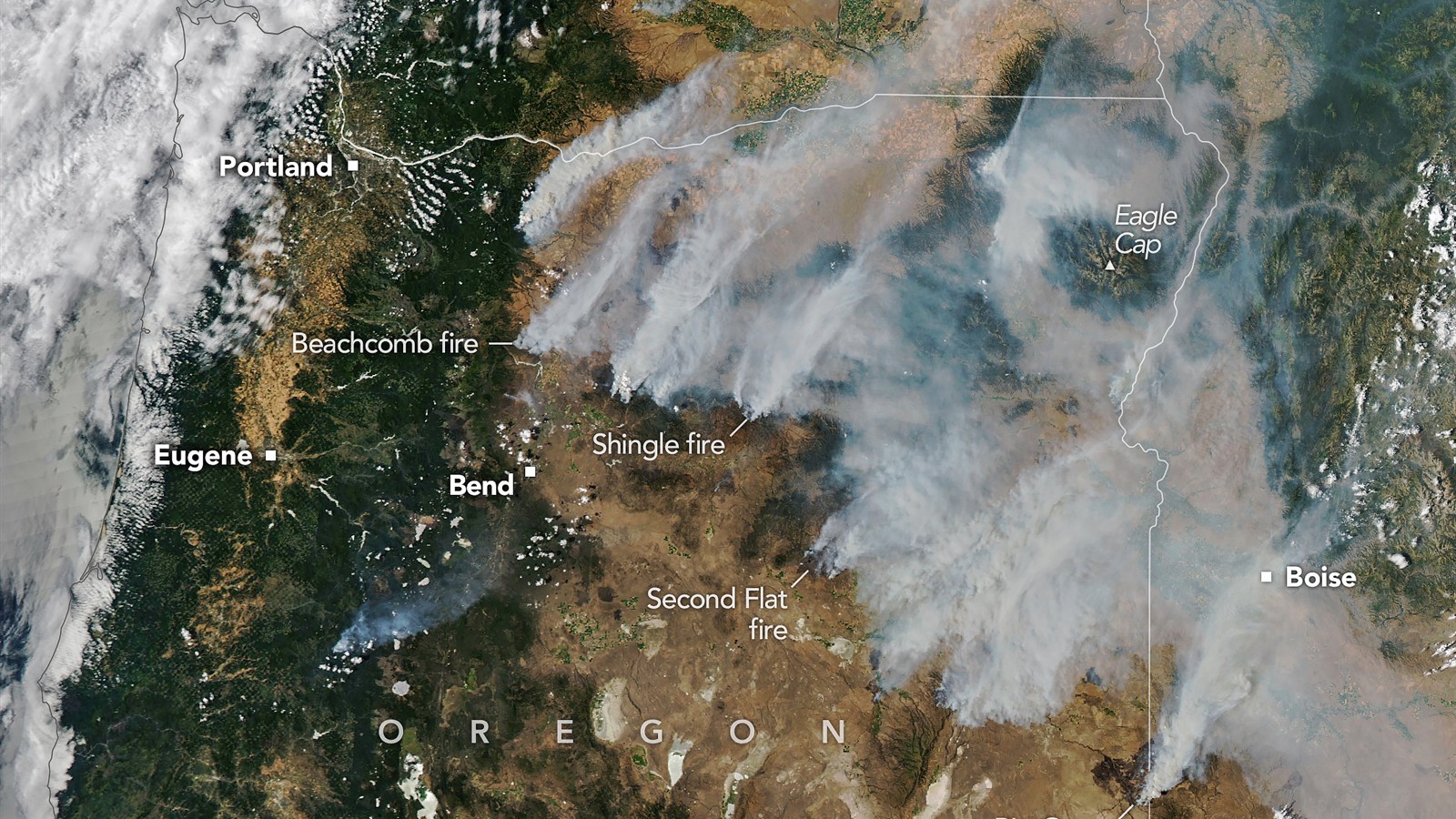 NASA satellite view of wildfire smoke blanketing Oregon in late July 2026
