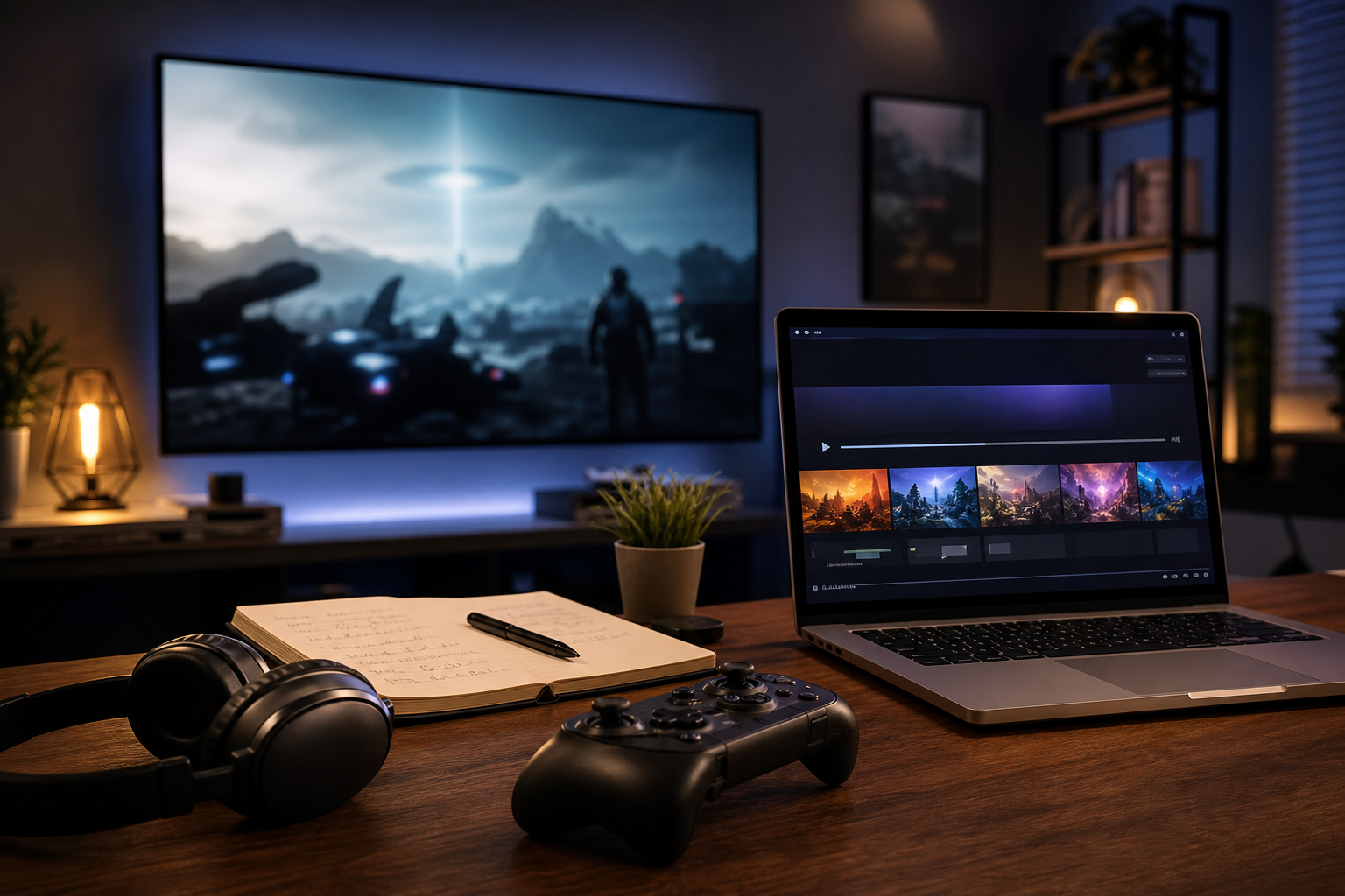 A gaming livestream setup with a controller, headphones, laptop, and notes for a June video game showcase