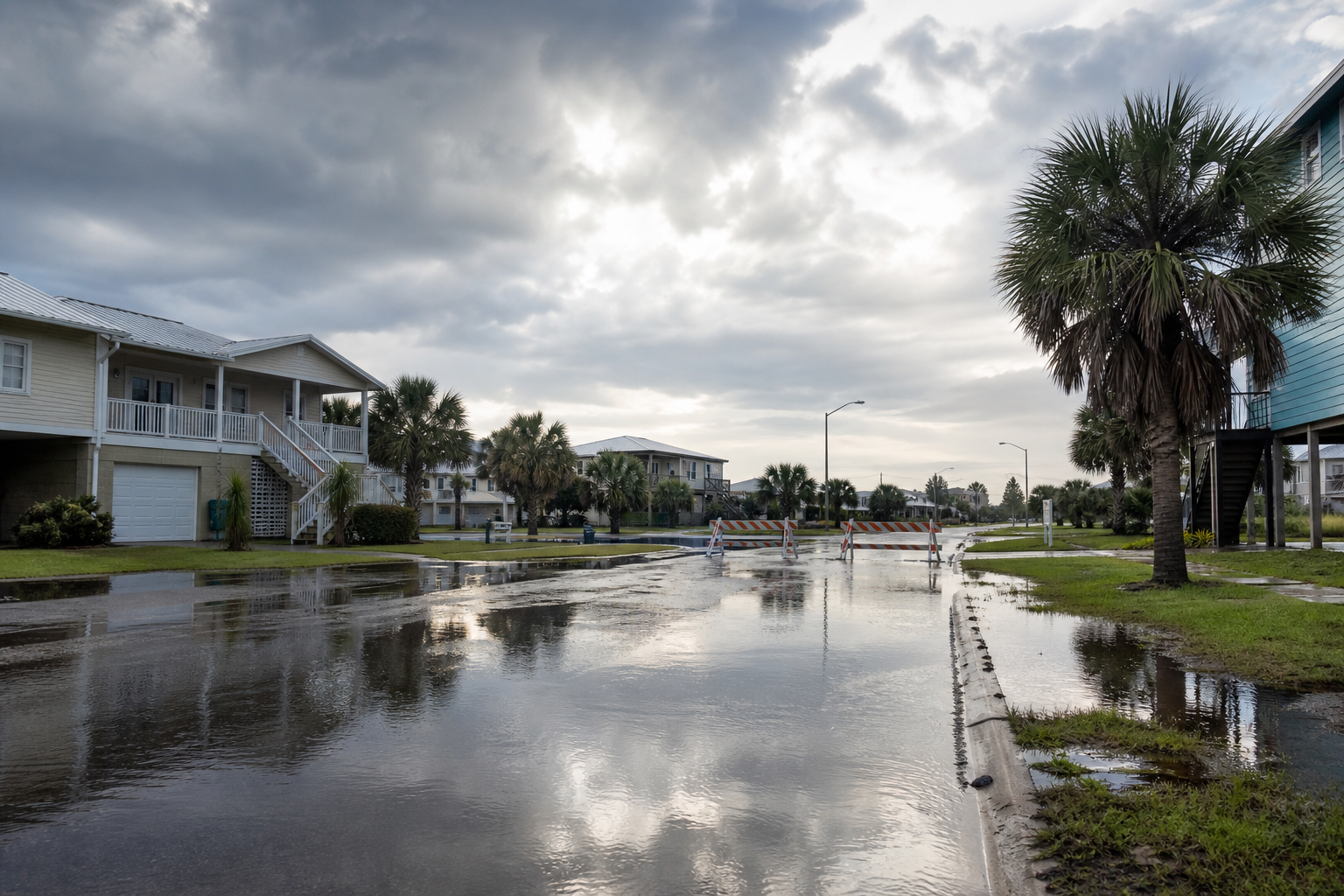 Rain-soaked Gulf Coast street with standing water near road barricades after a tropical rain system
