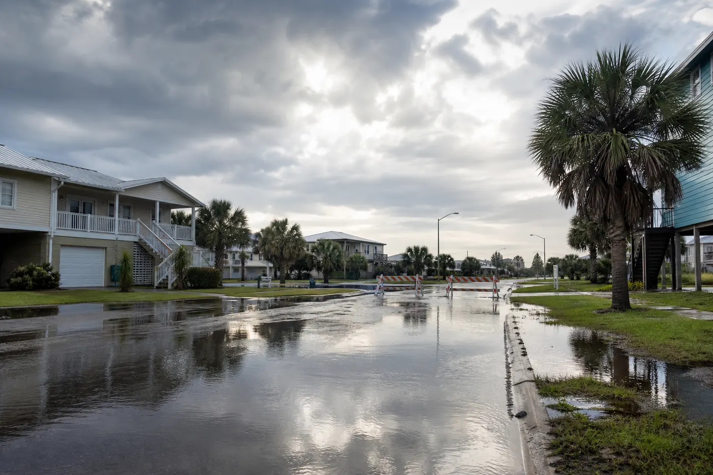 Rain-soaked Gulf Coast street with standing water near road barricades after a tropical rain system