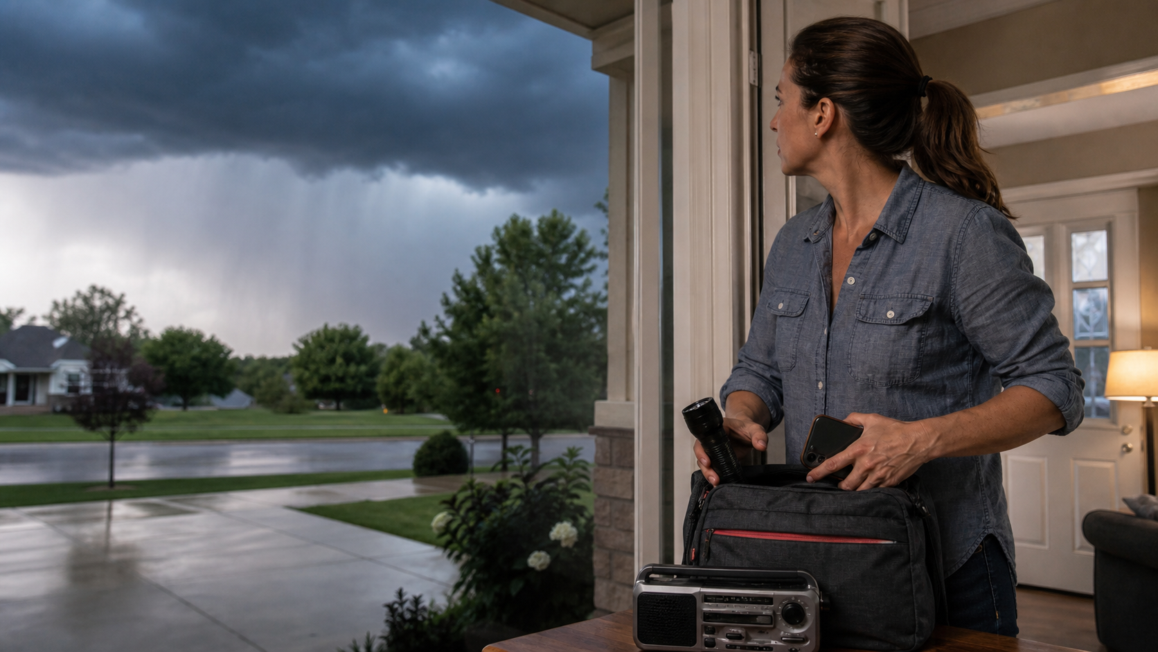 A person preparing a flashlight, phone, and weather radio in an emergency bag while a summer storm approaches