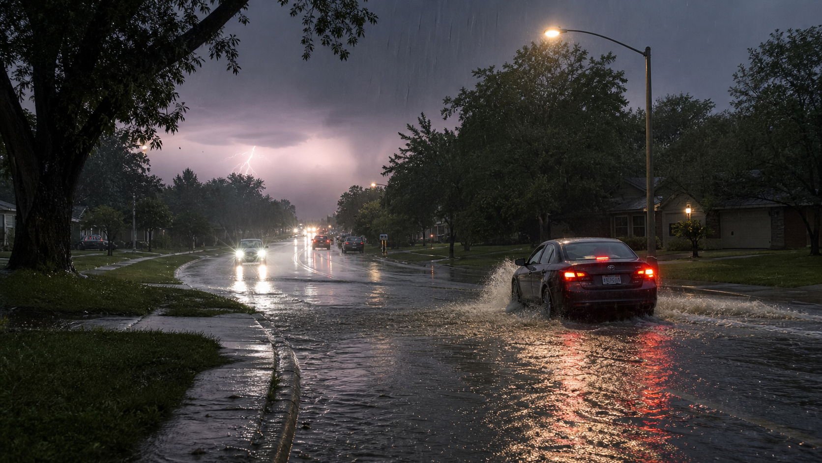 A driver slowing near a rain-flooded road under dark thunderstorm clouds at dusk