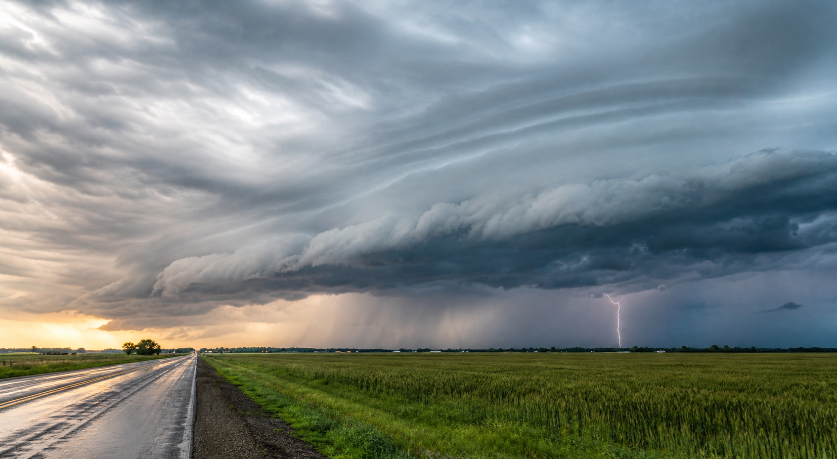 Dark severe thunderstorm clouds over open farmland and a wet rural road