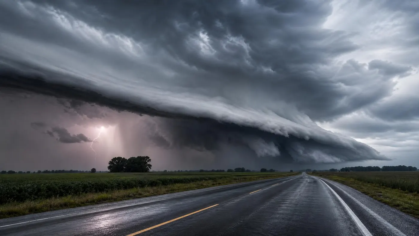 Dark severe thunderstorm clouds over a rural highway and fields