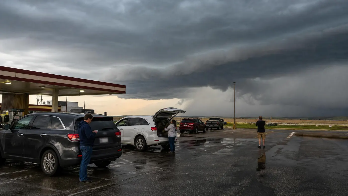 Travelers checking weather near parked cars as dark storm clouds build over a wet roadside stop