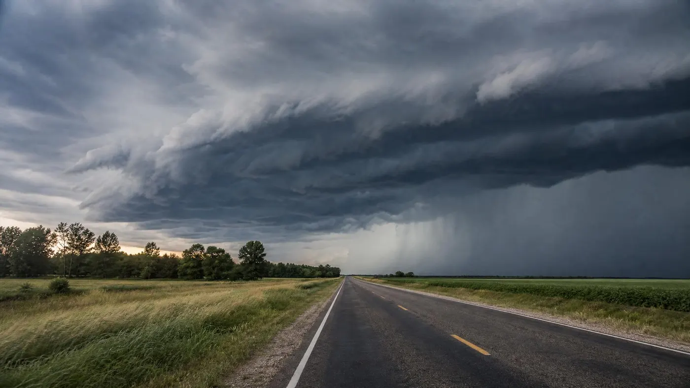 Dark severe thunderstorm clouds over a rural highway in the American South