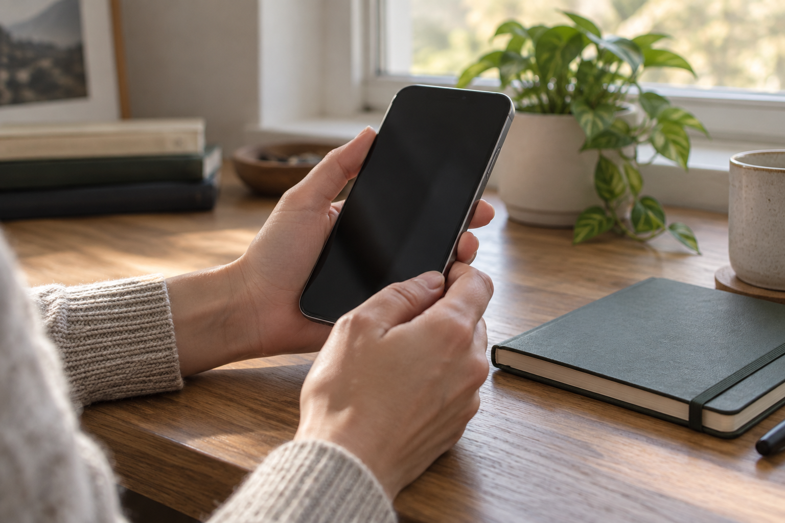AI-generated editorial illustration of hands holding a phone with a dark screen beside a notebook