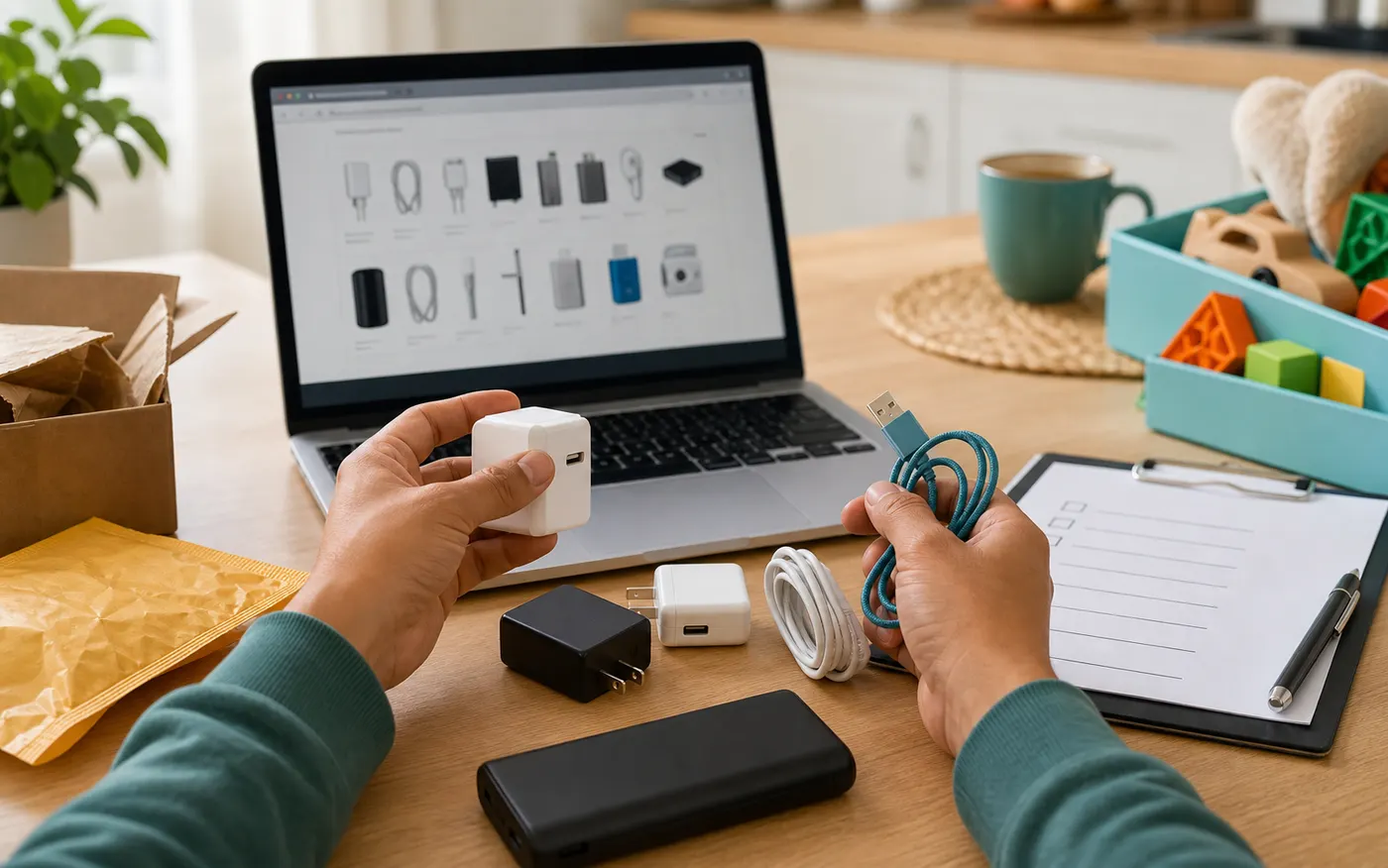A shopper checks generic online marketplace electronics and toys against a product safety checklist on a desk