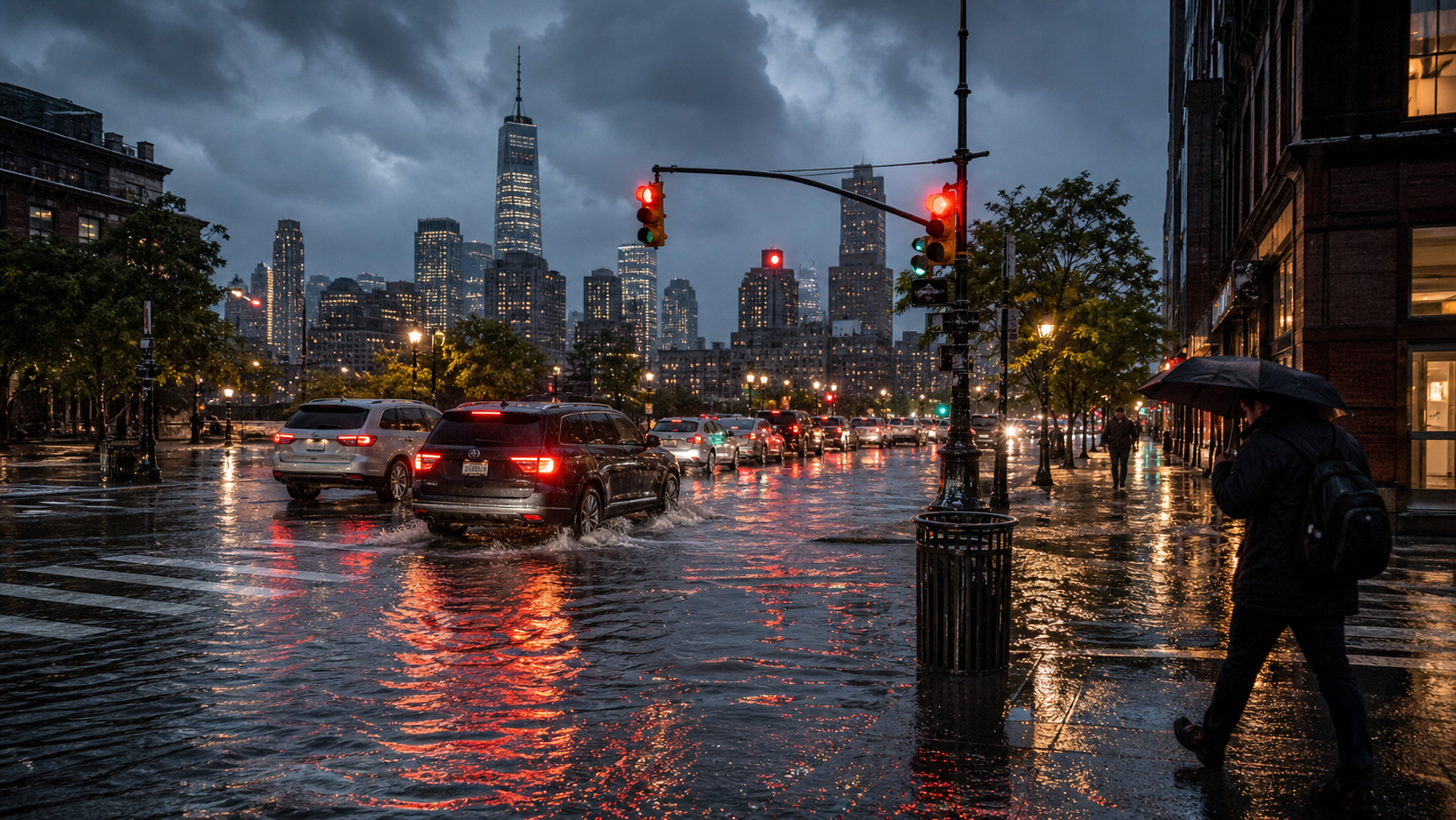 A rain-soaked New York City street at dusk with pooled water in the intersection, cars moving slowly, glowing traffic lights, and a commuter walking under an umbrella