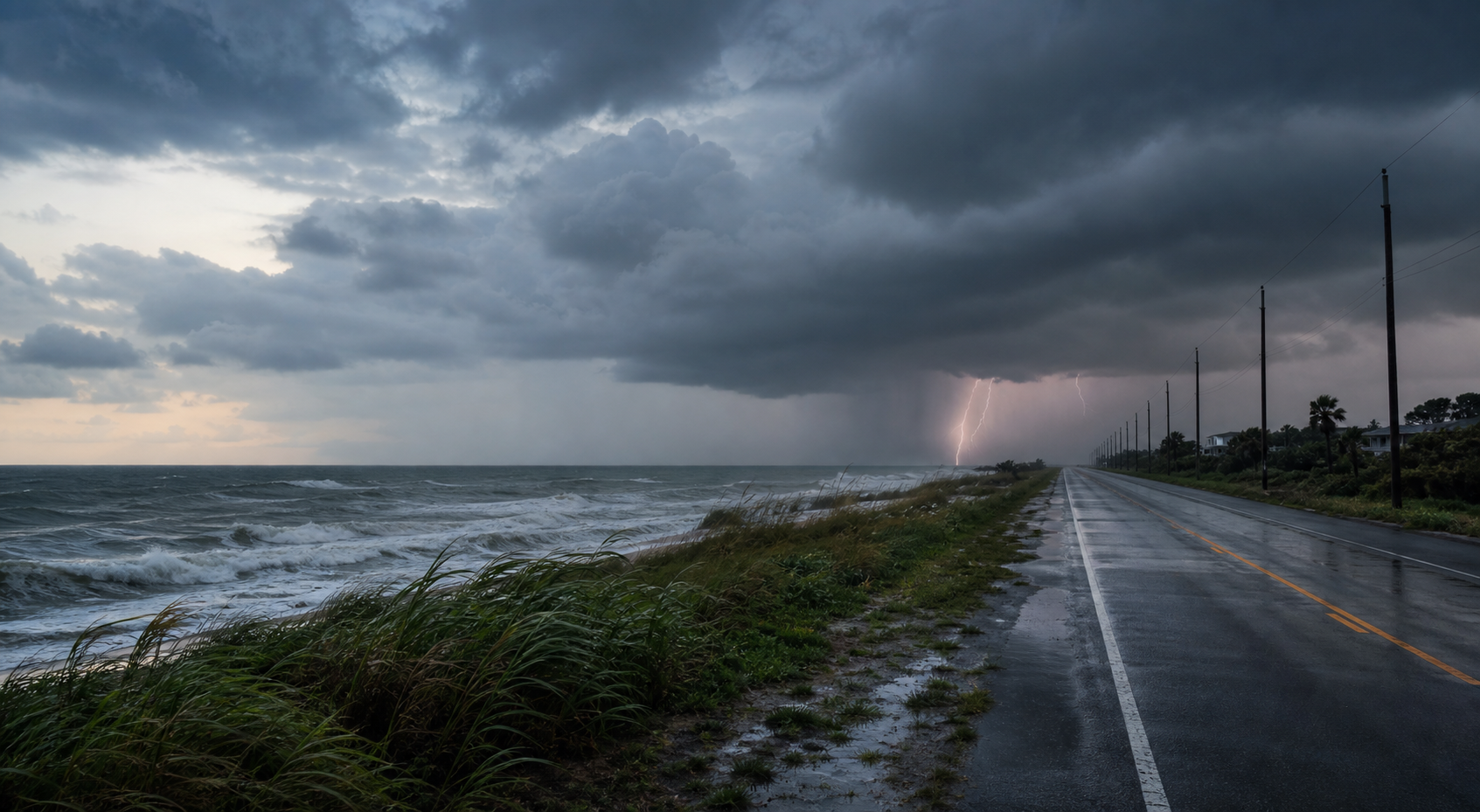 A wet coastal road beside rough Gulf surf under dark storm clouds with lightning in the distance