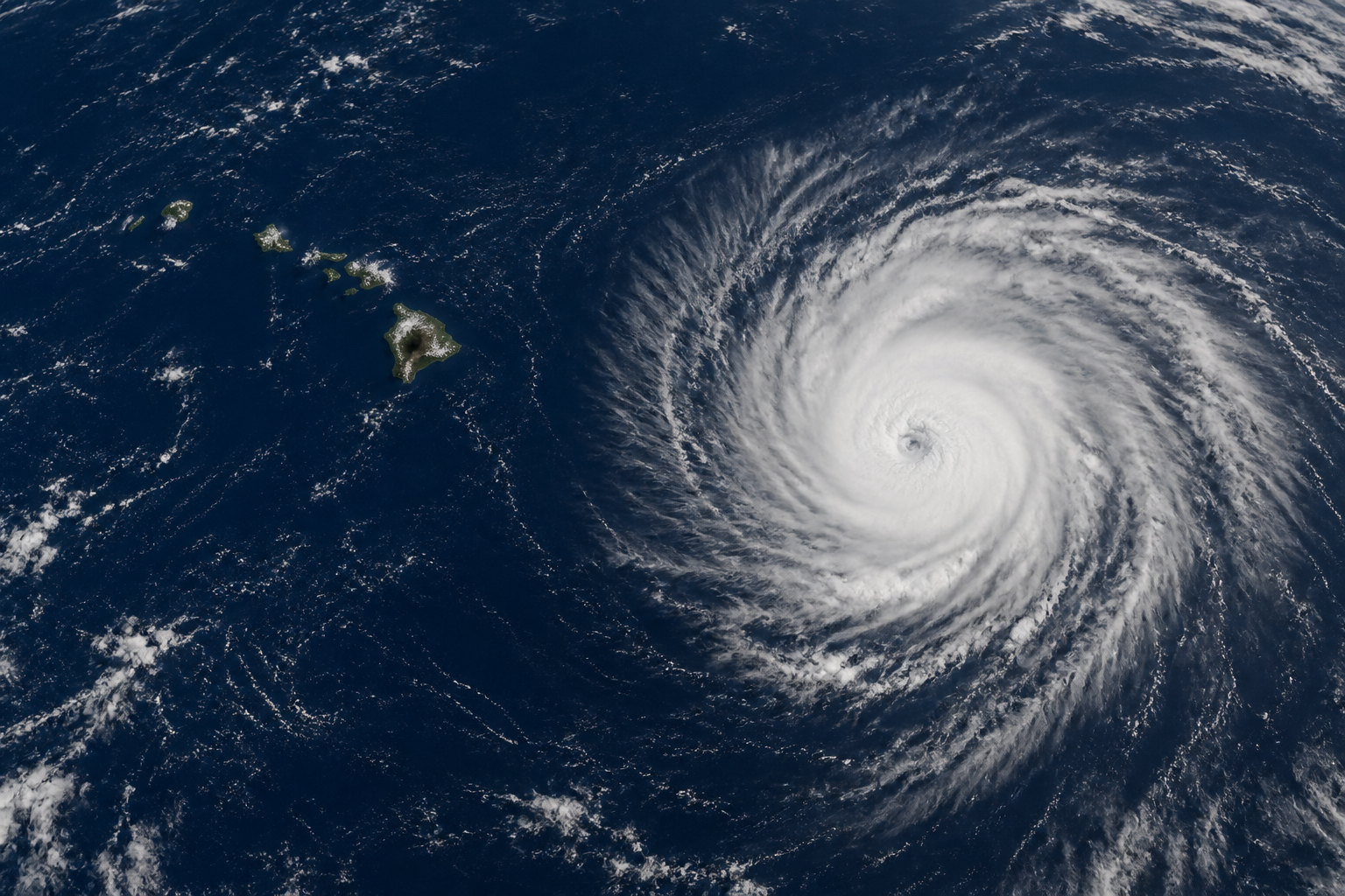 A tropical storm with curved cloud bands east of the Hawaiian Islands over the Pacific Ocean